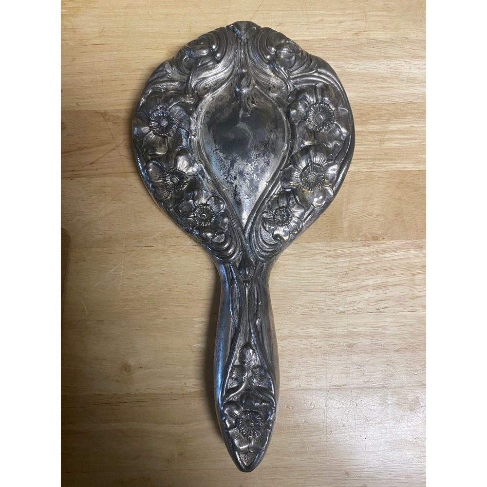 1800s Empire Silver Antique Art Nouveau Repousse Floral Hand Mirror